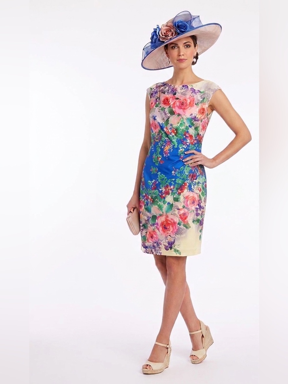 Suzi Chin for Maggy Boutique $168 Watercolor Floral Draped Sheath Dress 14 AS IS